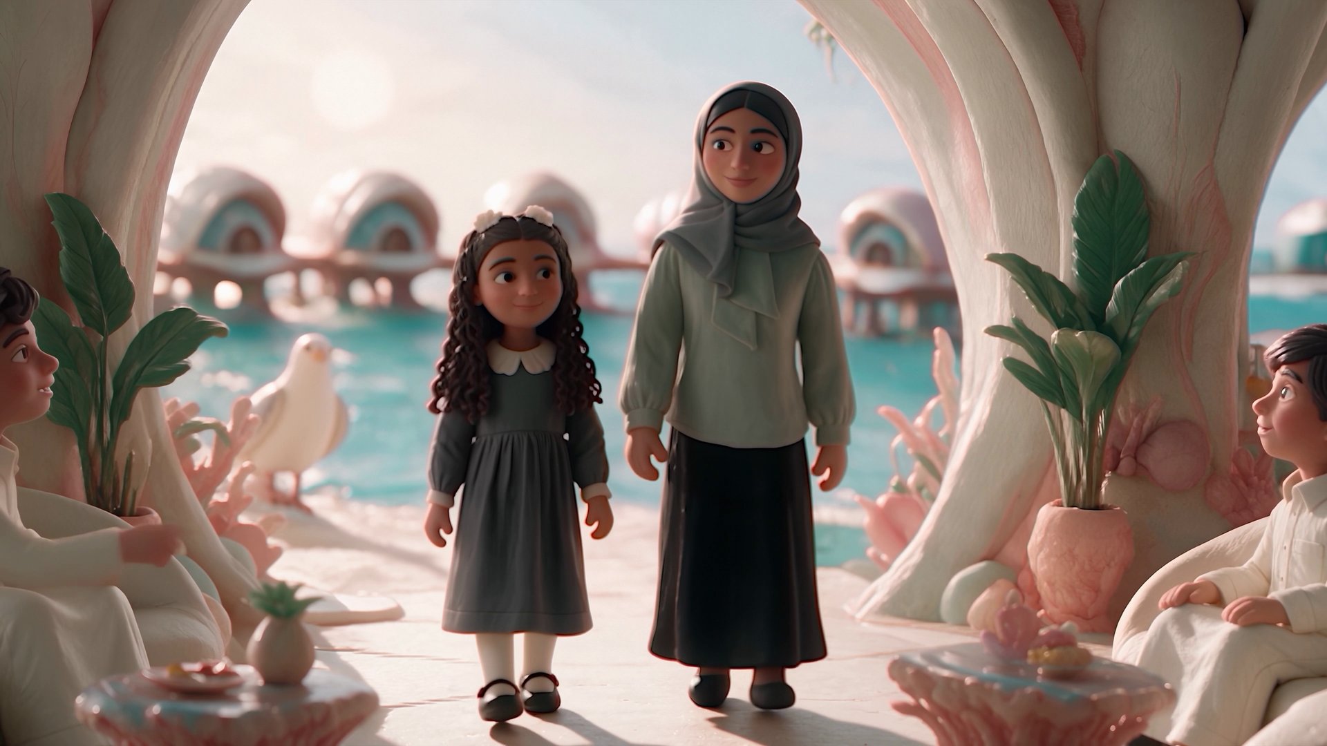 Clay mother and daughters in a pastel seaside home