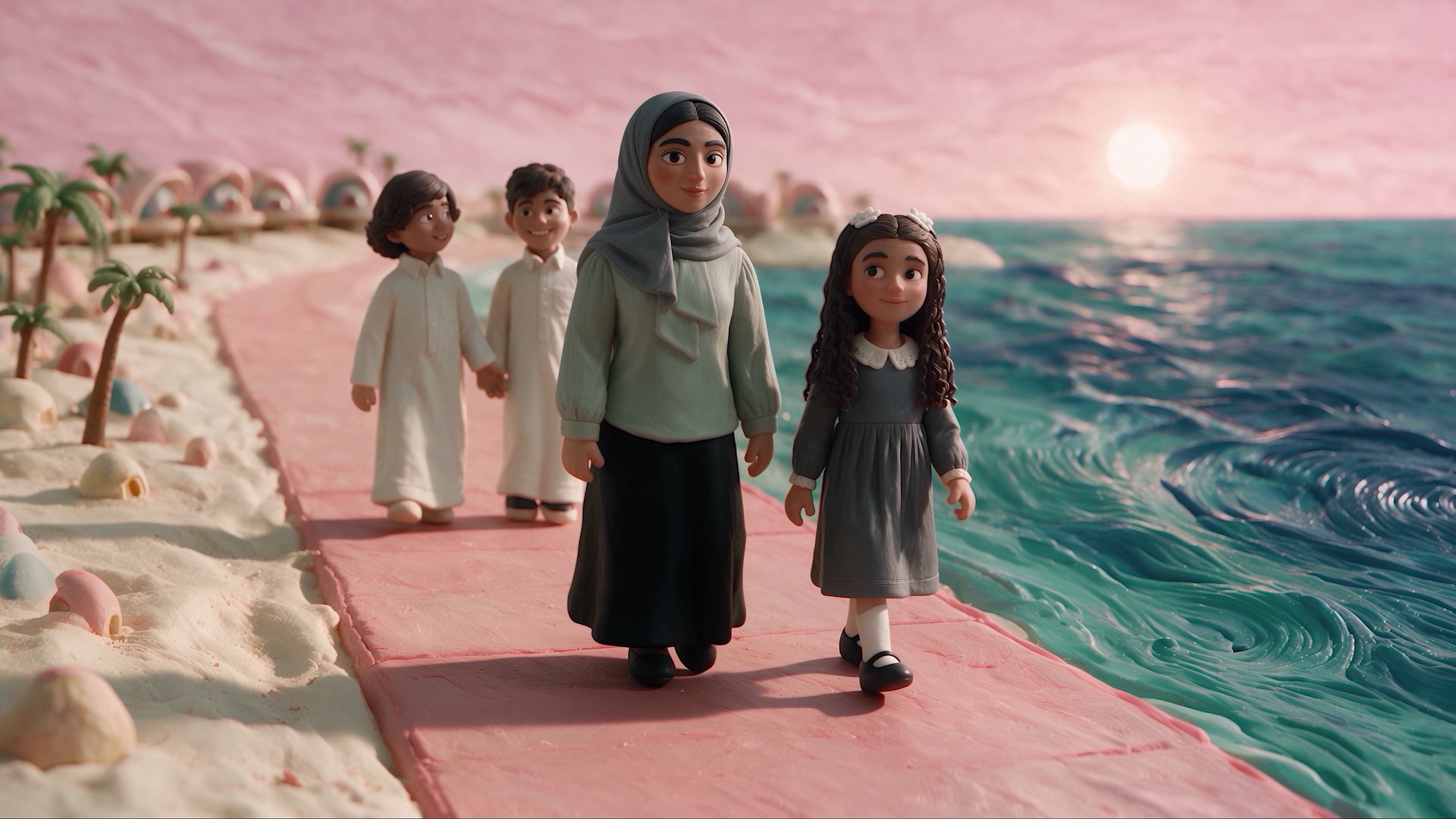 Clay family walking along a pink shoreline promenade
