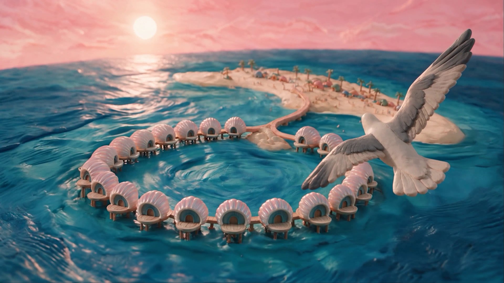Seagull flying over a ring of shell villas on a clay sea