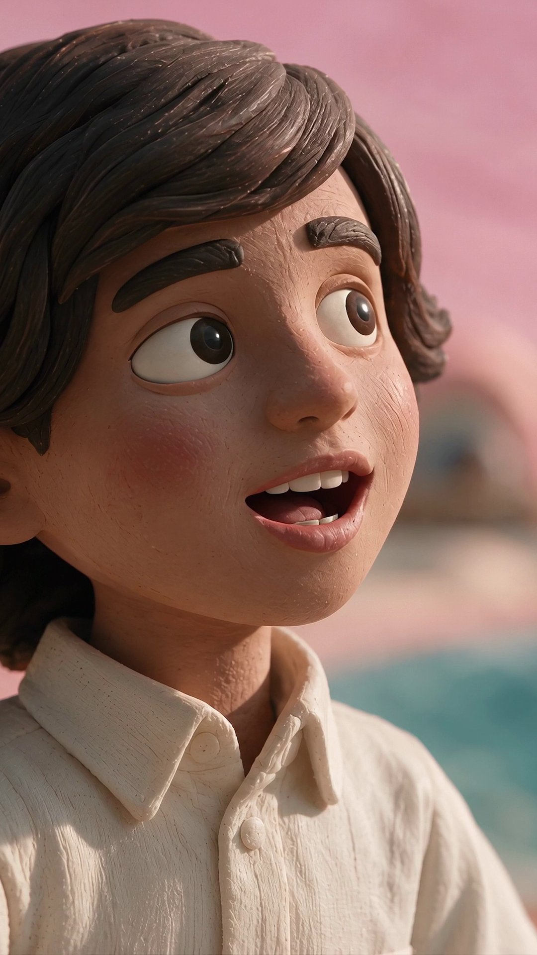 Clay boy looking up in wonder by the sea