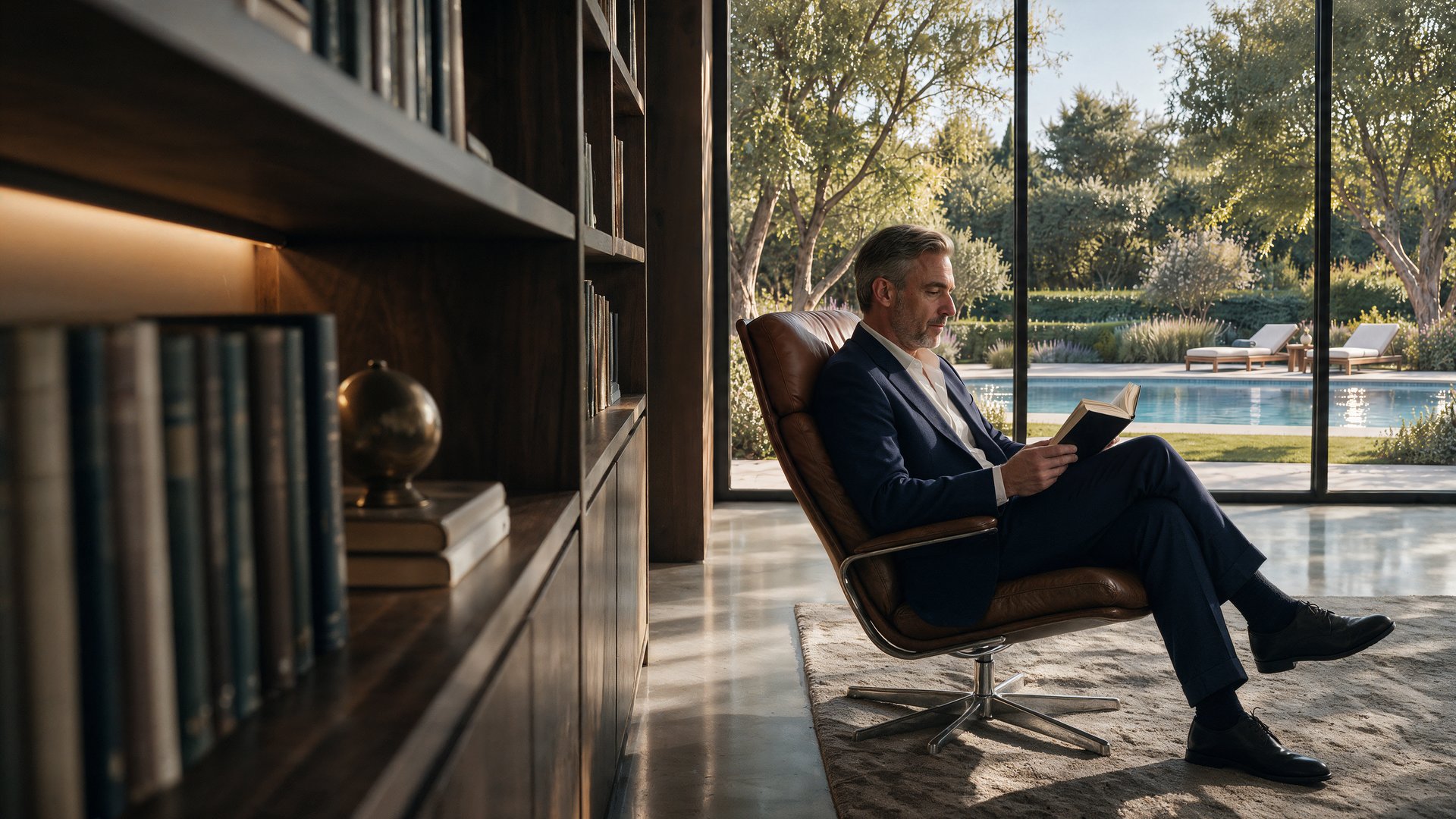 Man reading in a library corner overlooking the pool