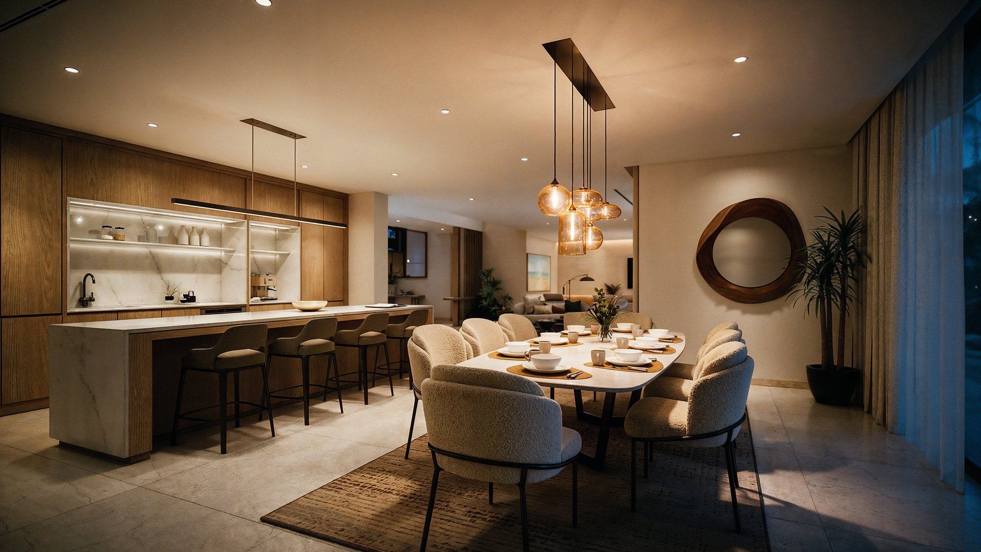 Open kitchen and dining room lit by pendant lights