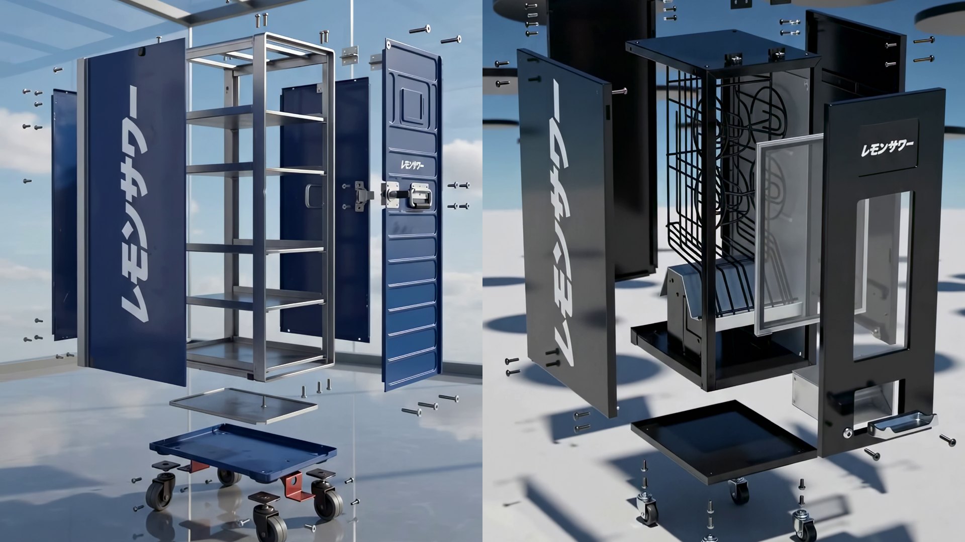 Exploded views of the Lemon Sour trolley and dispenser with every part floating in place