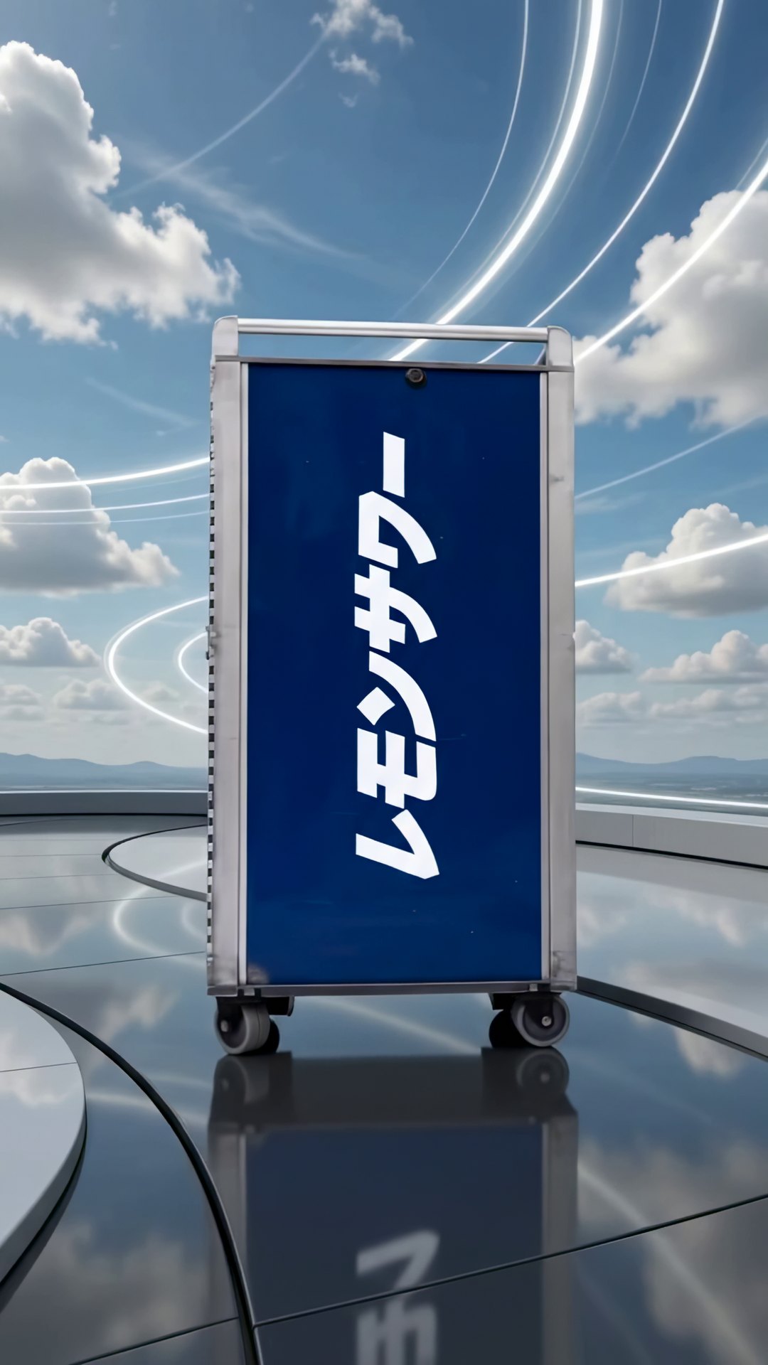 Front of the navy Lemon Sour trolley with tall white katakana under a bright sky