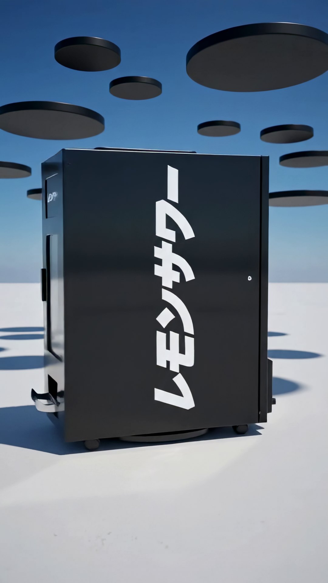 Side of the matte black Lemon Sour dispenser with vertical white katakana on a salt flat