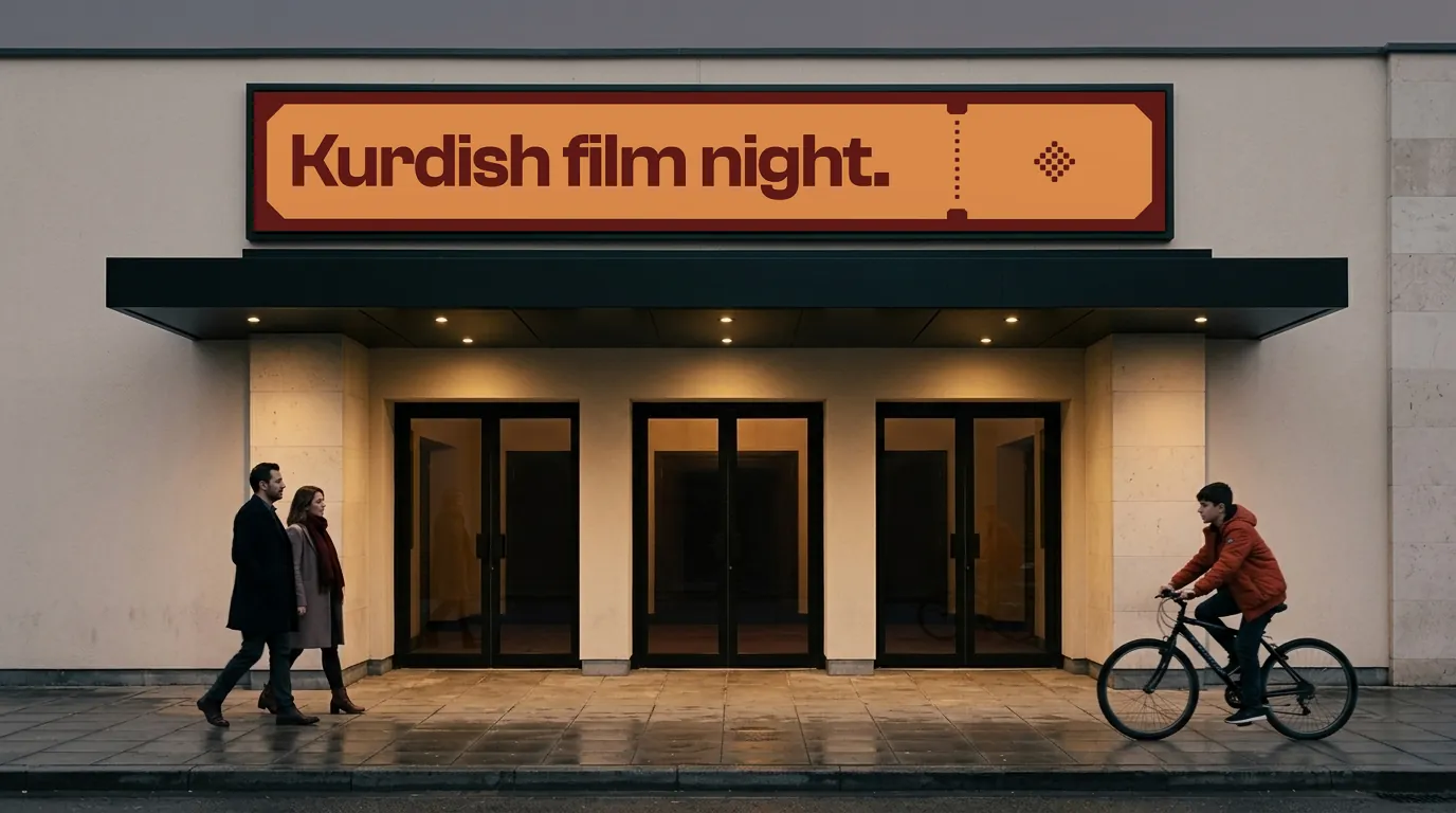 A cinema front at dusk under a Kardo sign reading Kurdish film night