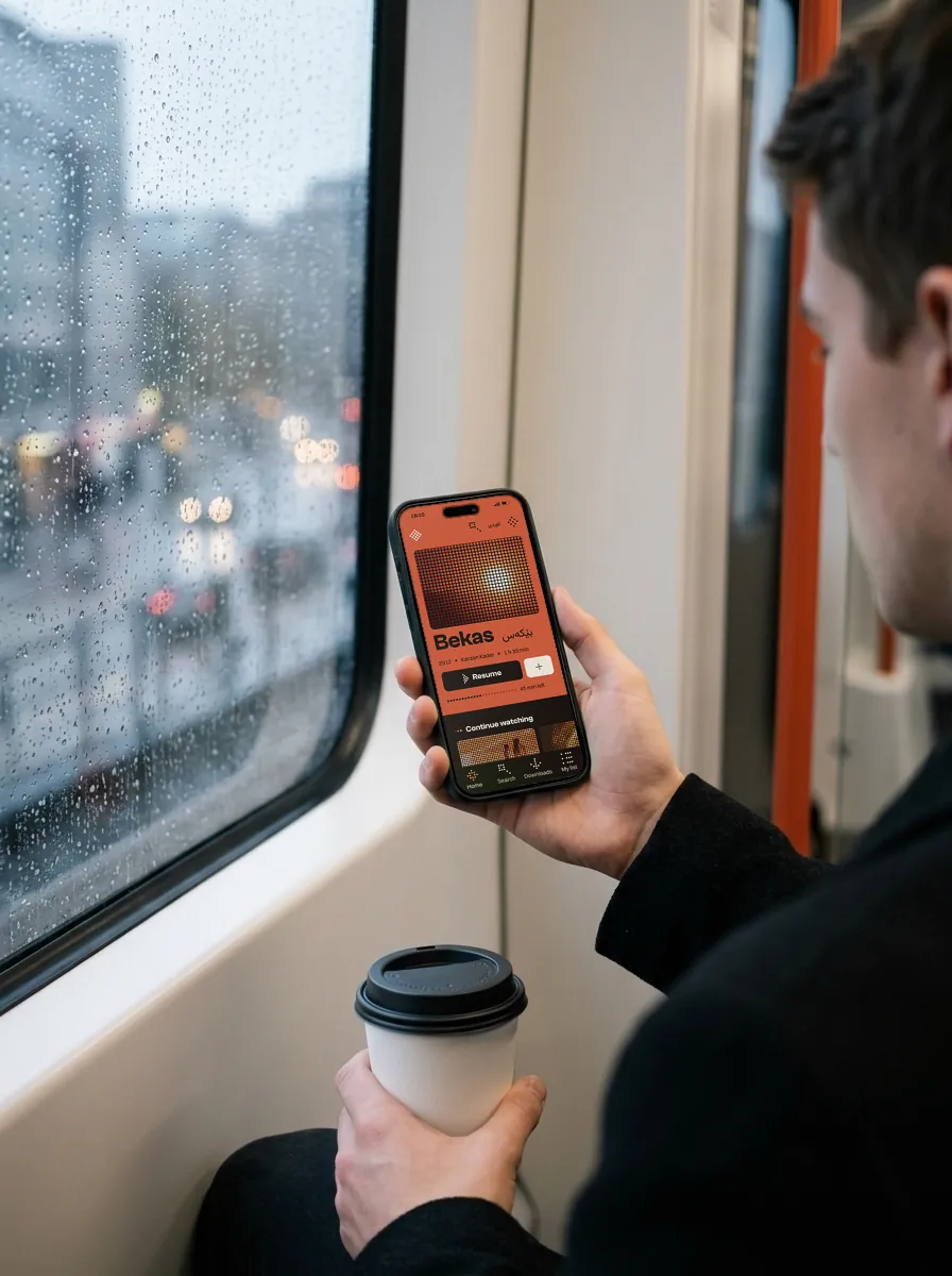 A commuter on a rainy train holds a phone open on Kardo