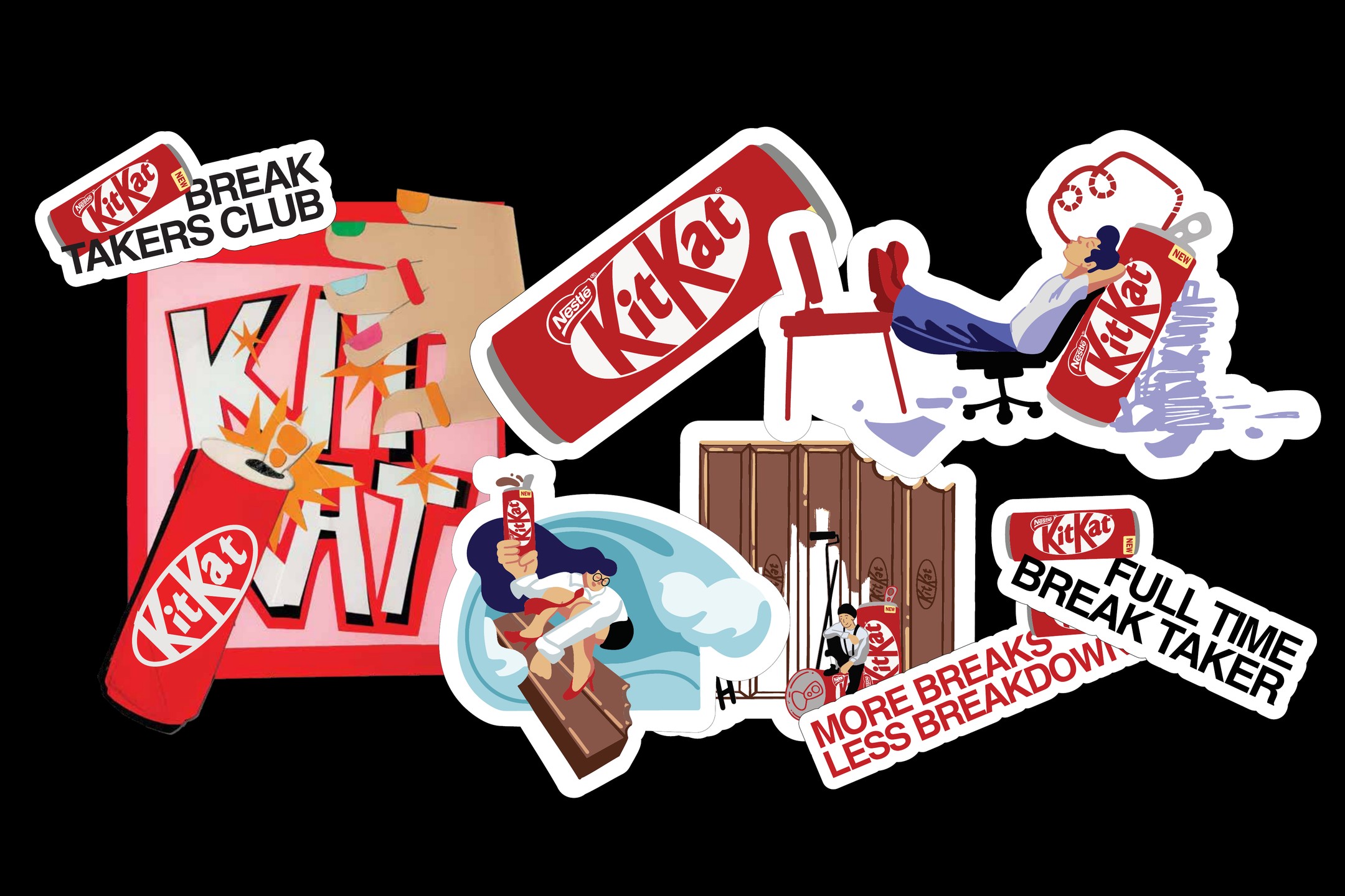 KitKat Break Takers Club illustrated sticker set
