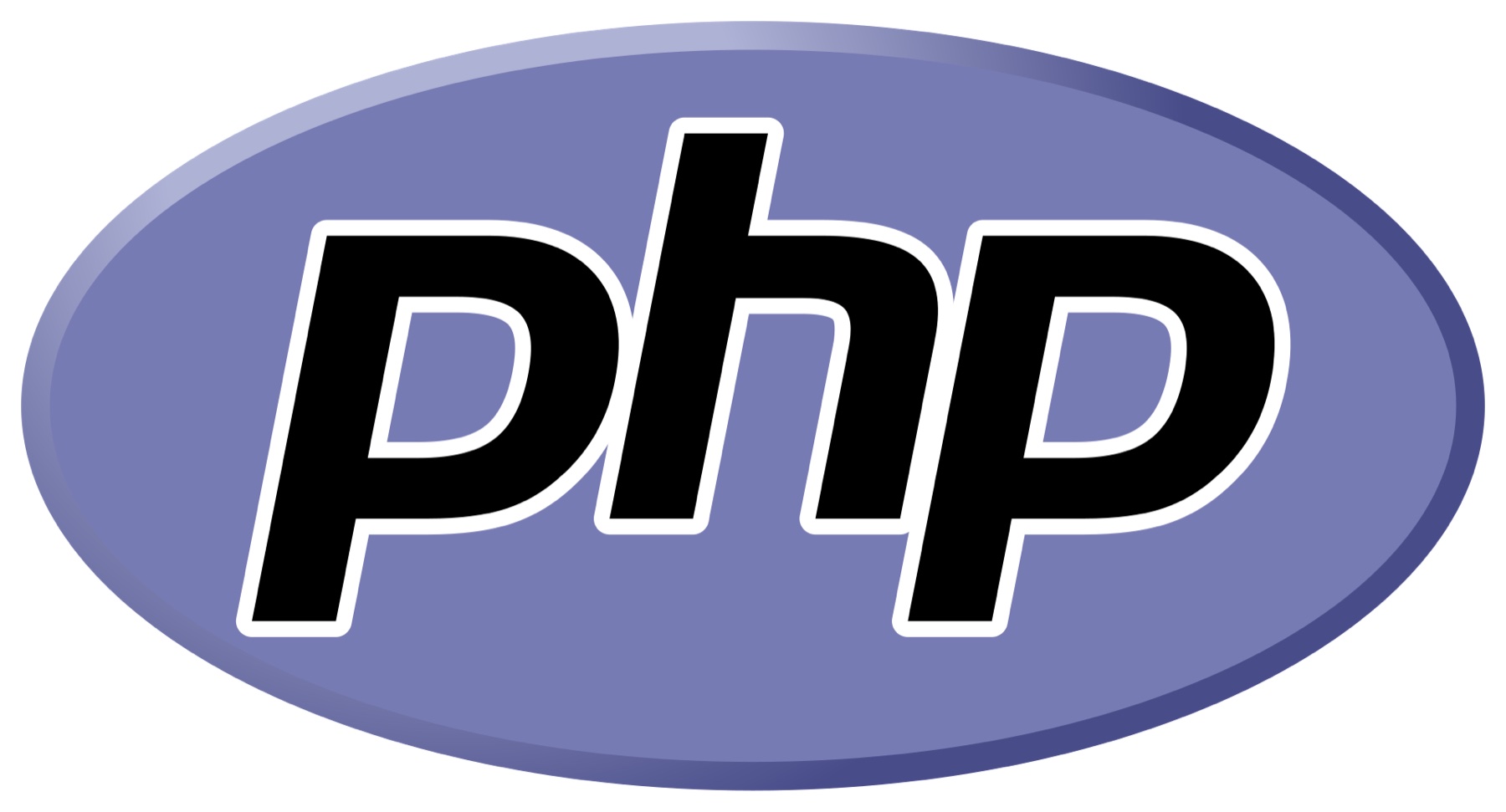 The PHP logo: lowercase black letters php with a white outline on a purple oval