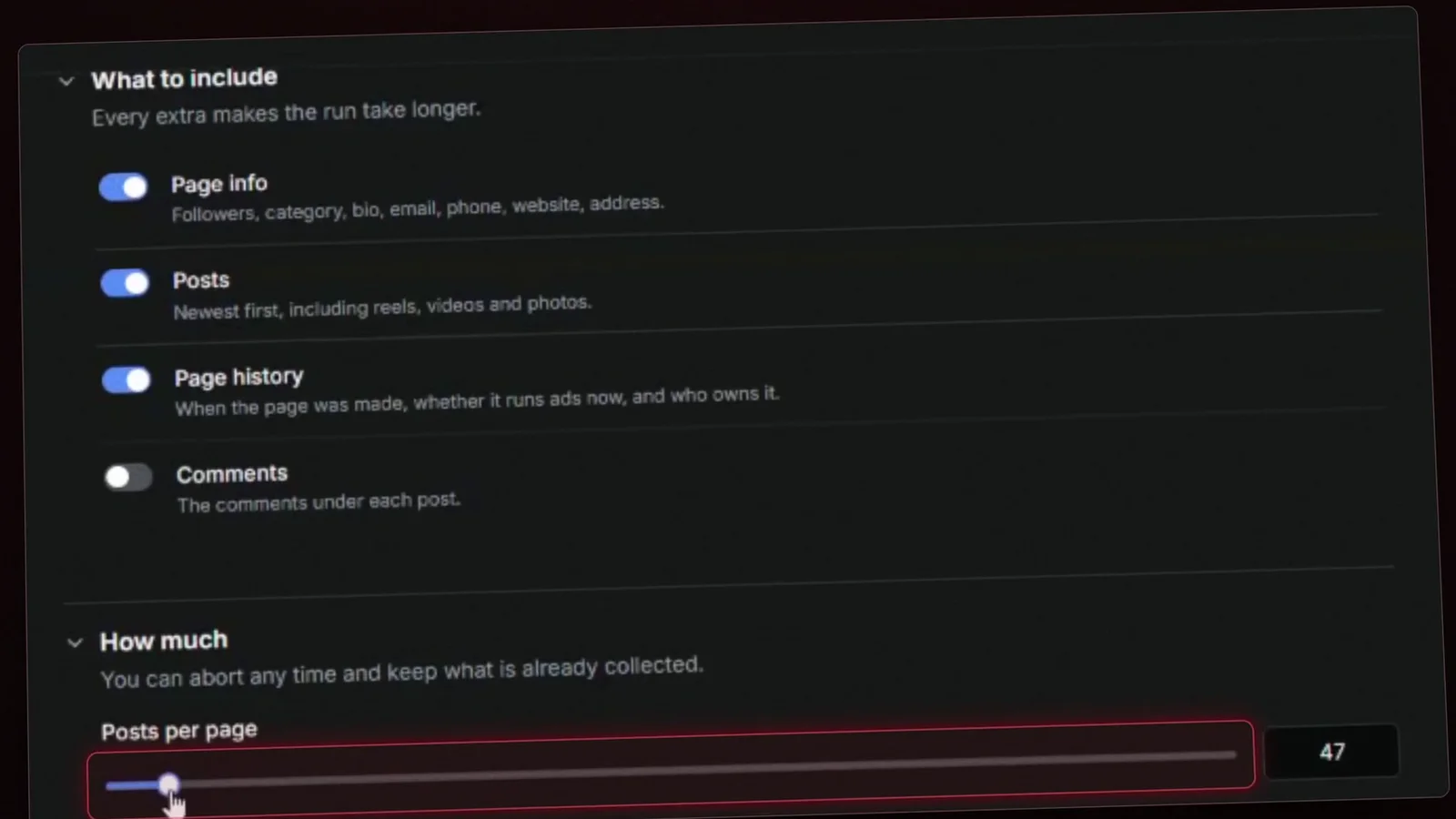 The iklipse scraper settings, choosing which page details and posts to collect
