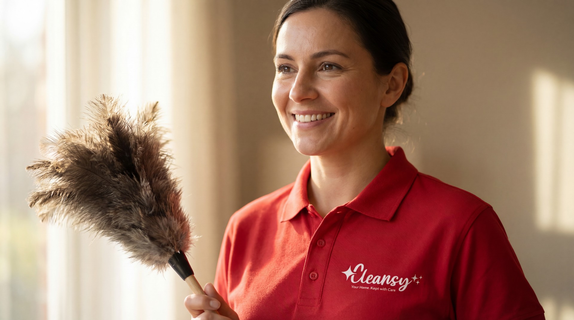 AI-generated Cleansy still: a smiling cleaner in a red branded polo holds a feather duster in warm window light