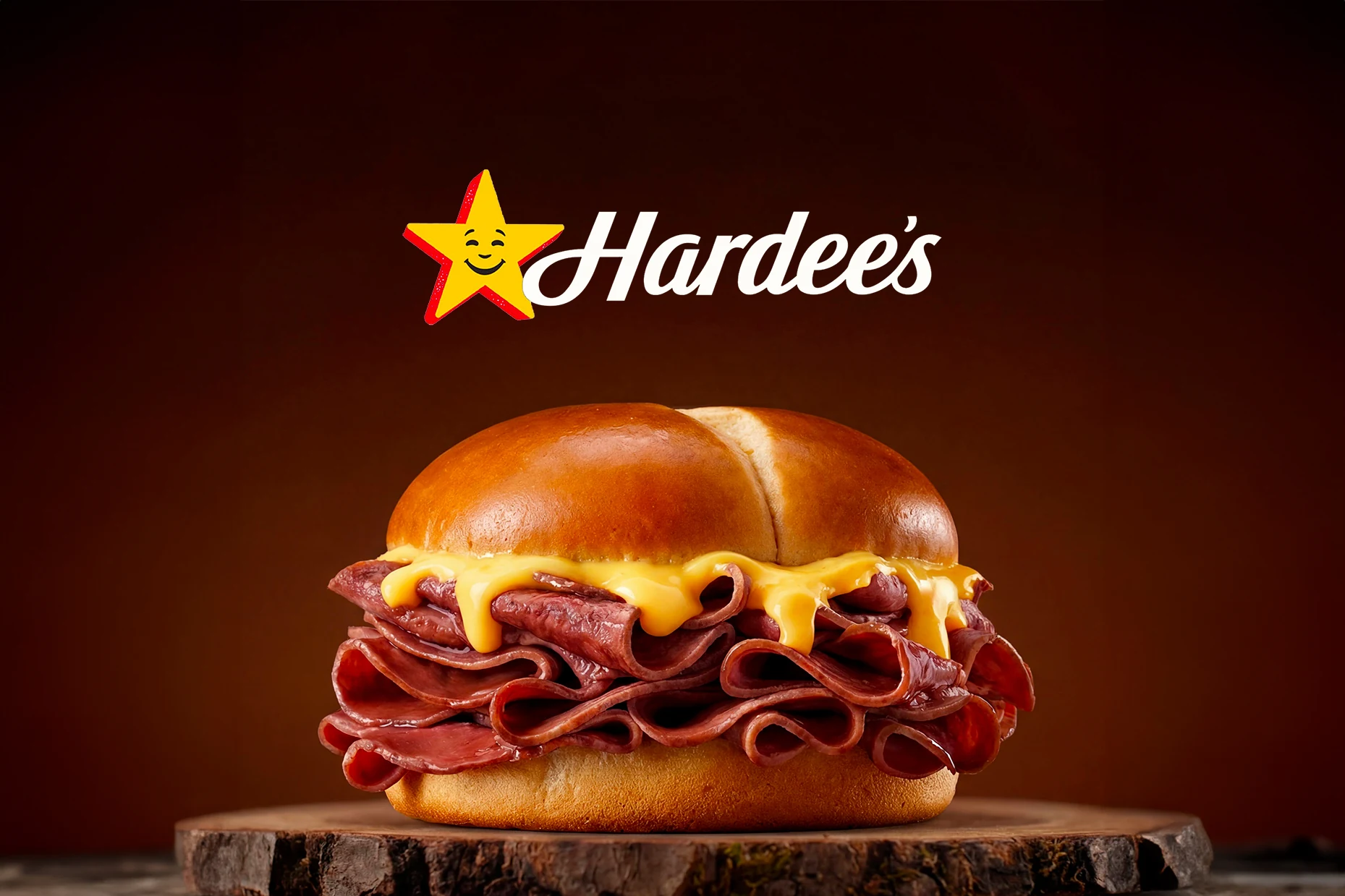 A Hardee's roast beef sandwich with melted cheese on a wooden board, an AI food shot by iklipse