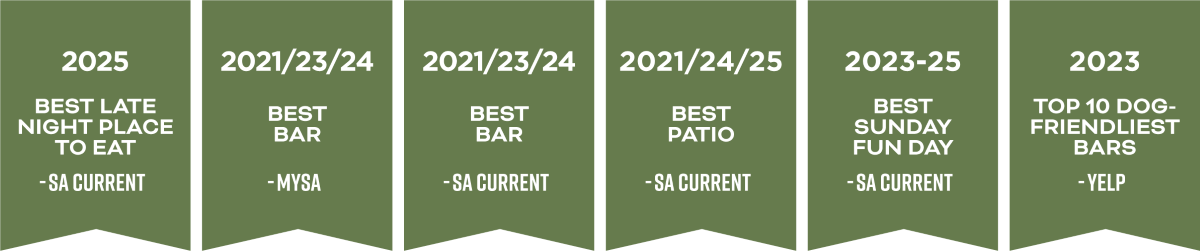 Best bar and patio awards on green banners from various publications