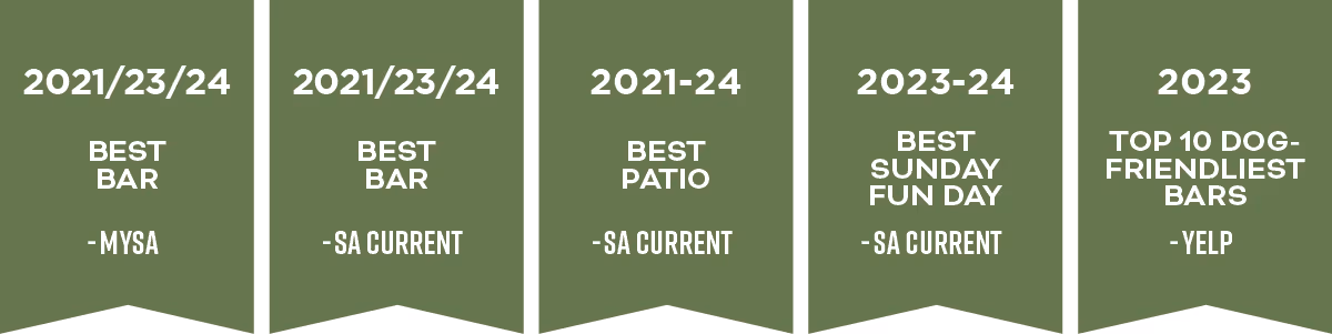 Best bar and patio awards on green banners from various publications