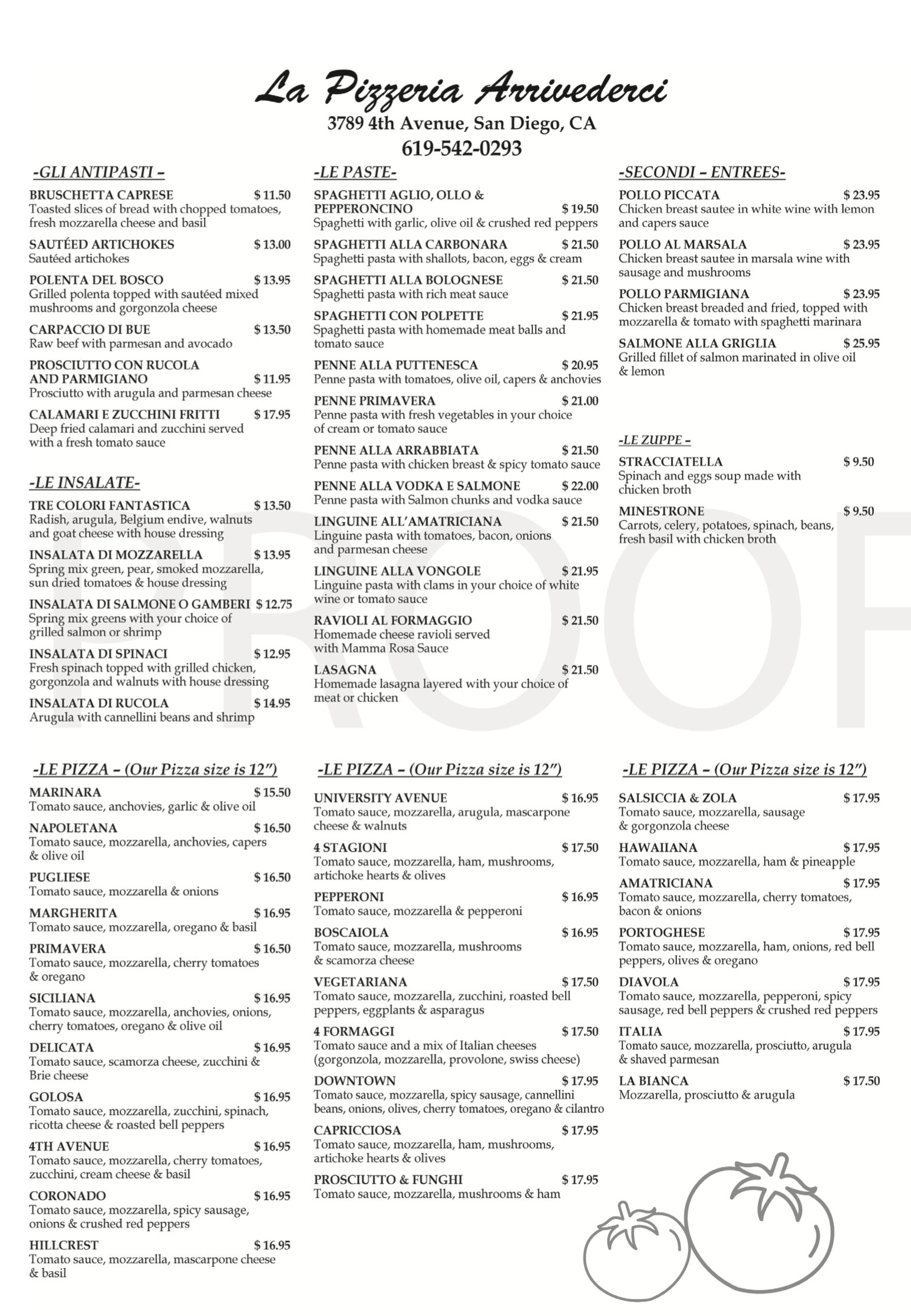 Menu Arrivederci Pizzeria San Diego