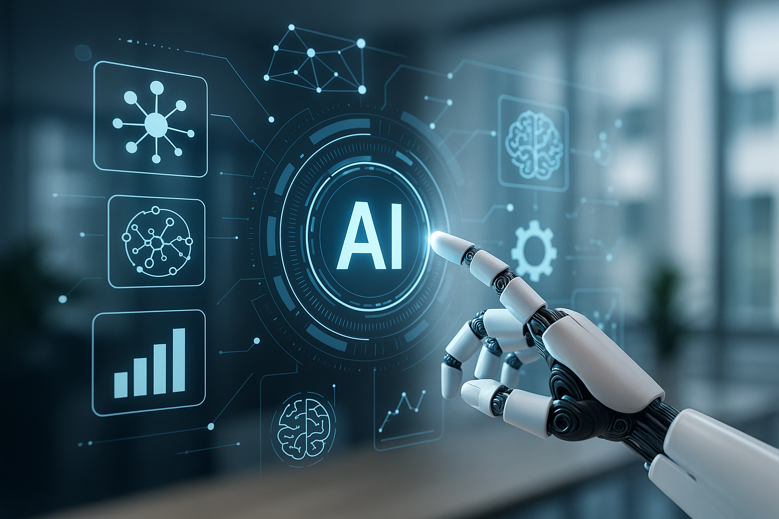 Visualization of AI-driven marketing analytics with digital marketing icons and neural network overlays, representing marketing with an AI twist.