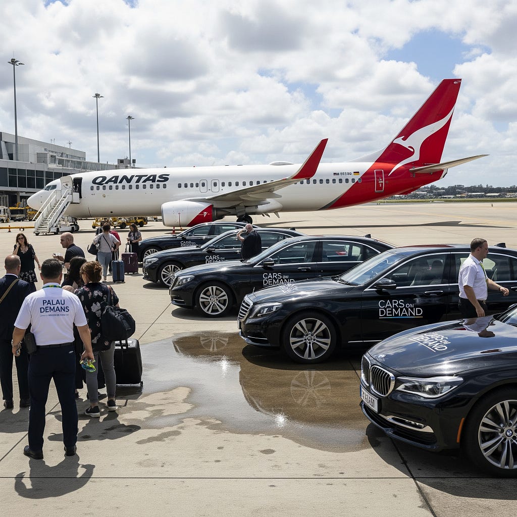Qantas Boeing 737 aircraft on tarmac at Brisbane Airport with Cars on Demand luxury transfer vehicles providing premium ground transportation for Palau Paradise Express passengers