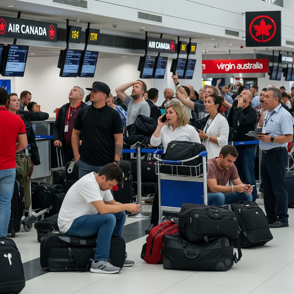 Airport terminal with cancelled flight displays showing Cars on Demand luxury vehicles providing reliable ground transportation during Air Canada strike disruptions affecting Virgin Australia passengers