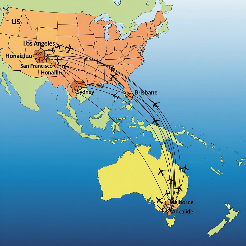 Commercial aircraft on tarmac with Cars on Demand luxury vehicles providing premium airport transfers for new US-Australia direct flights from LAX, SFO, and DFW to Brisbane, Melbourne, Sydney, and Adelaide