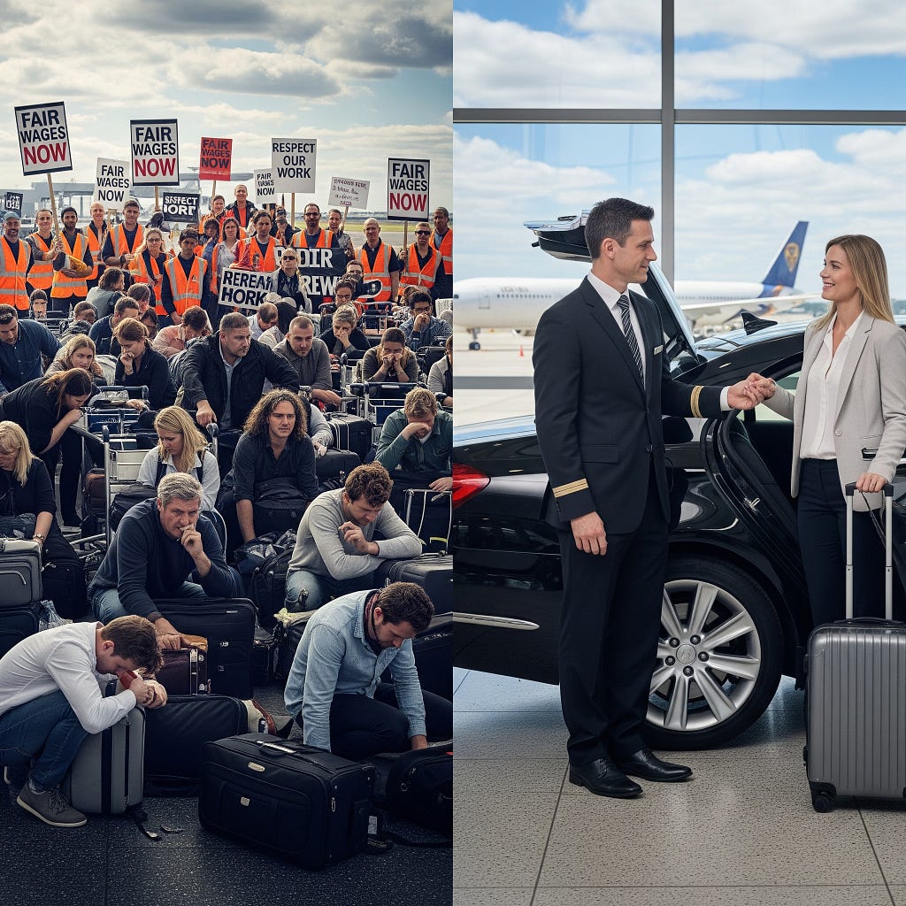 Sydney Airport terminal with flight delay boards during dnata ground workers strike, showing Cars on Demand luxury vehicles providing reliable airport transfer services for stranded passengers