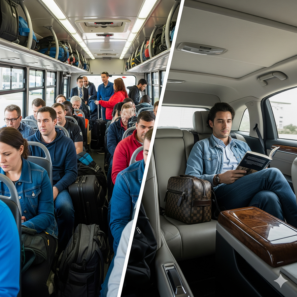 Airport transfers vs airport shuttles comparison — premium service Professional airport transfers luxury vehicle vs shared shuttle Airport transfers cost analysis — business travel value Premium airport transfers executive service vs budget shuttles Airport transfers door-to-door service comparison Airport shuttles shared transport vs private transfers Airport transfers time savings vs shuttle delays