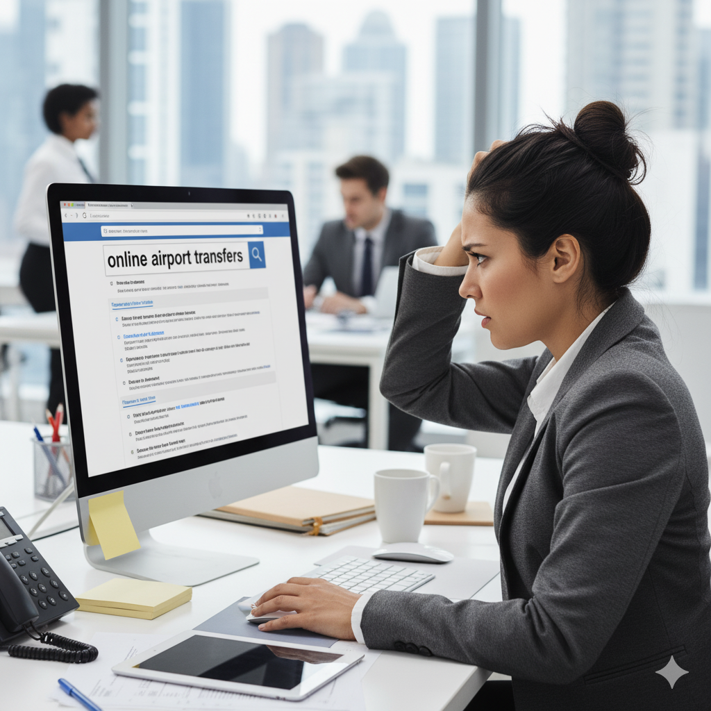 Executive Assistant comparing airport transfer companies on laptop for online booking