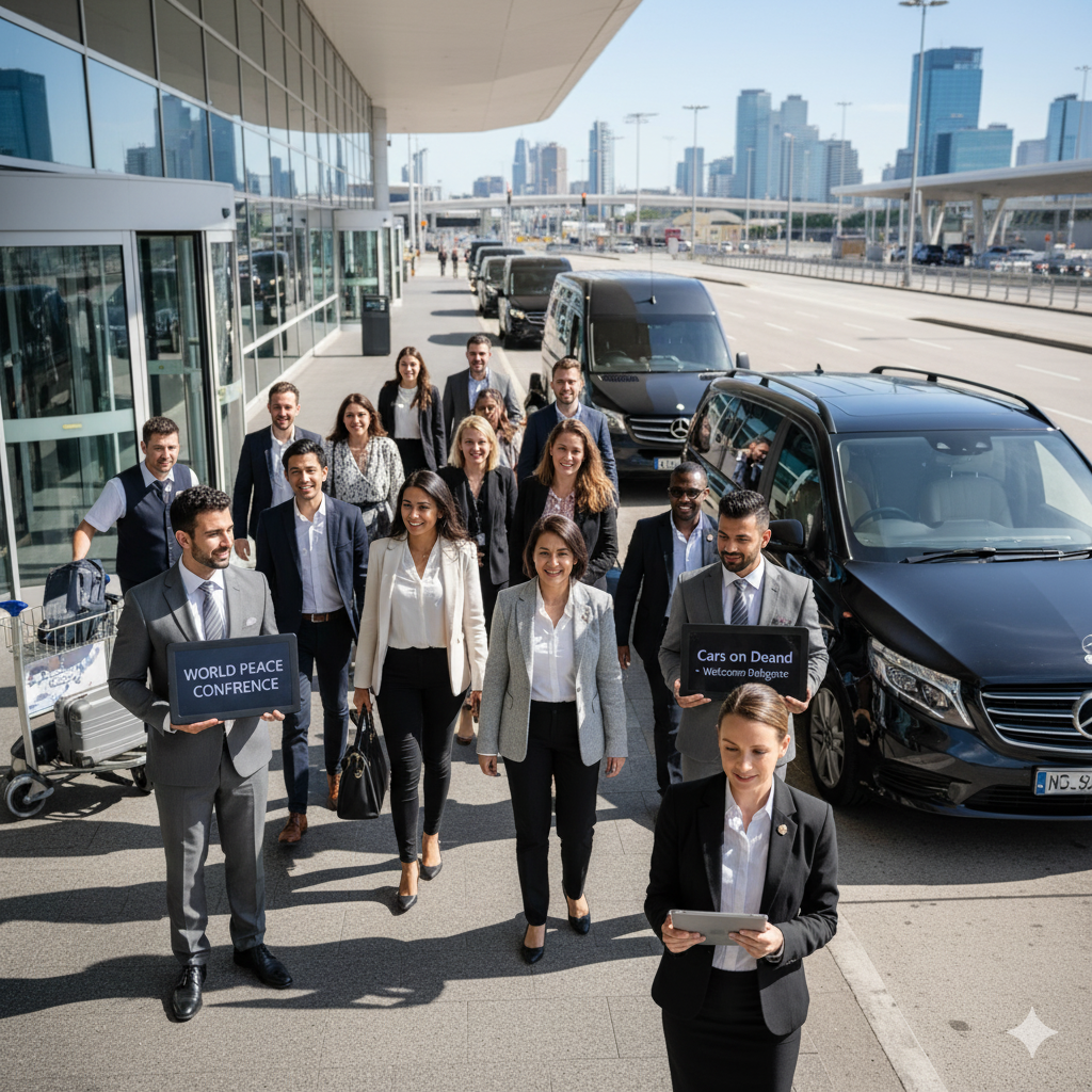 Conference delegates walking towards luxury vehicle with professional chauffeur and event manager coordinating group airport transfer