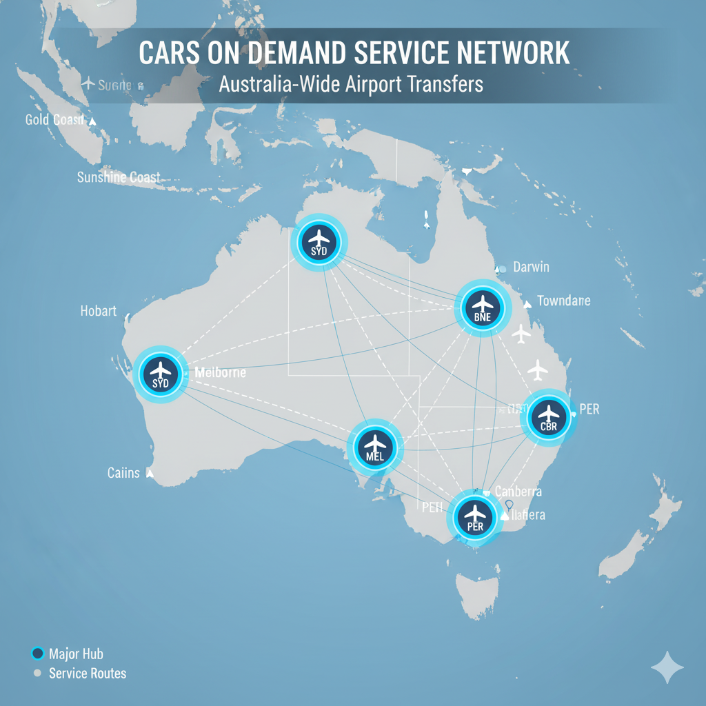 Map of Australia highlighting major airports serviced by Cars on Demand including Sydney, Melbourne, Brisbane, Perth, and Canberra with route lines