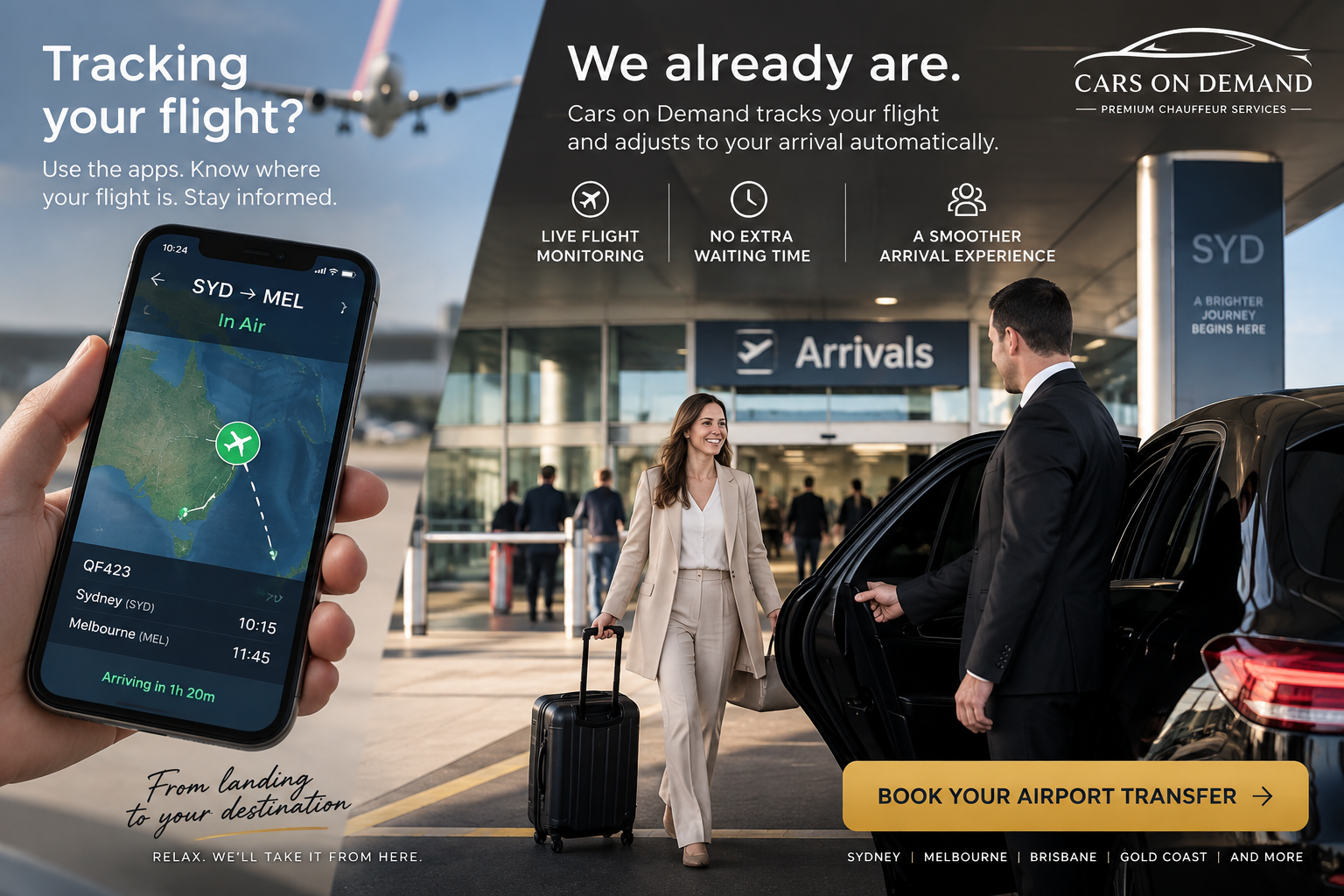 Cars on Demand chauffeur airport transfer with live flight tracking at Sydney Airport