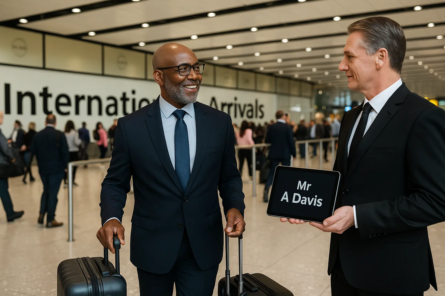 Cars on Demand chauffeur greeting an international traveller in the airport arrivals hall with a name sign, for a pre-booked limo service in Australia