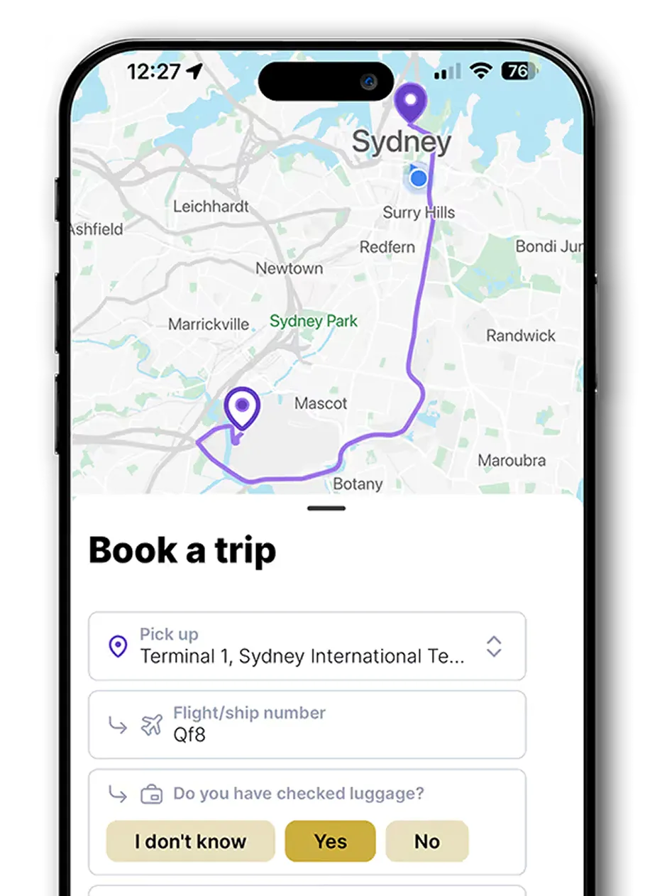 Cars on Demand booking screen on a phone showing a pickup from Terminal 1 Sydney International with a Qantas flight number entered and a route map to the Sydney CBD