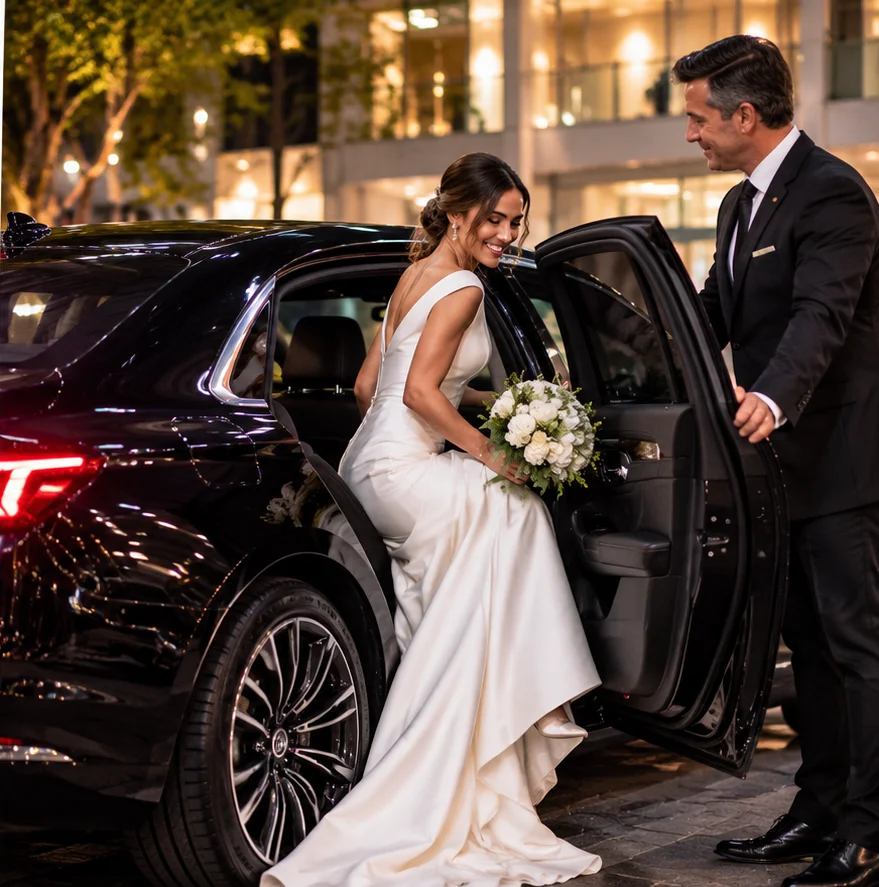 Chauffeur in a dark suit holding the rear door of a black luxury sedan as a smiling bride with a white bouquet steps out for her wedding