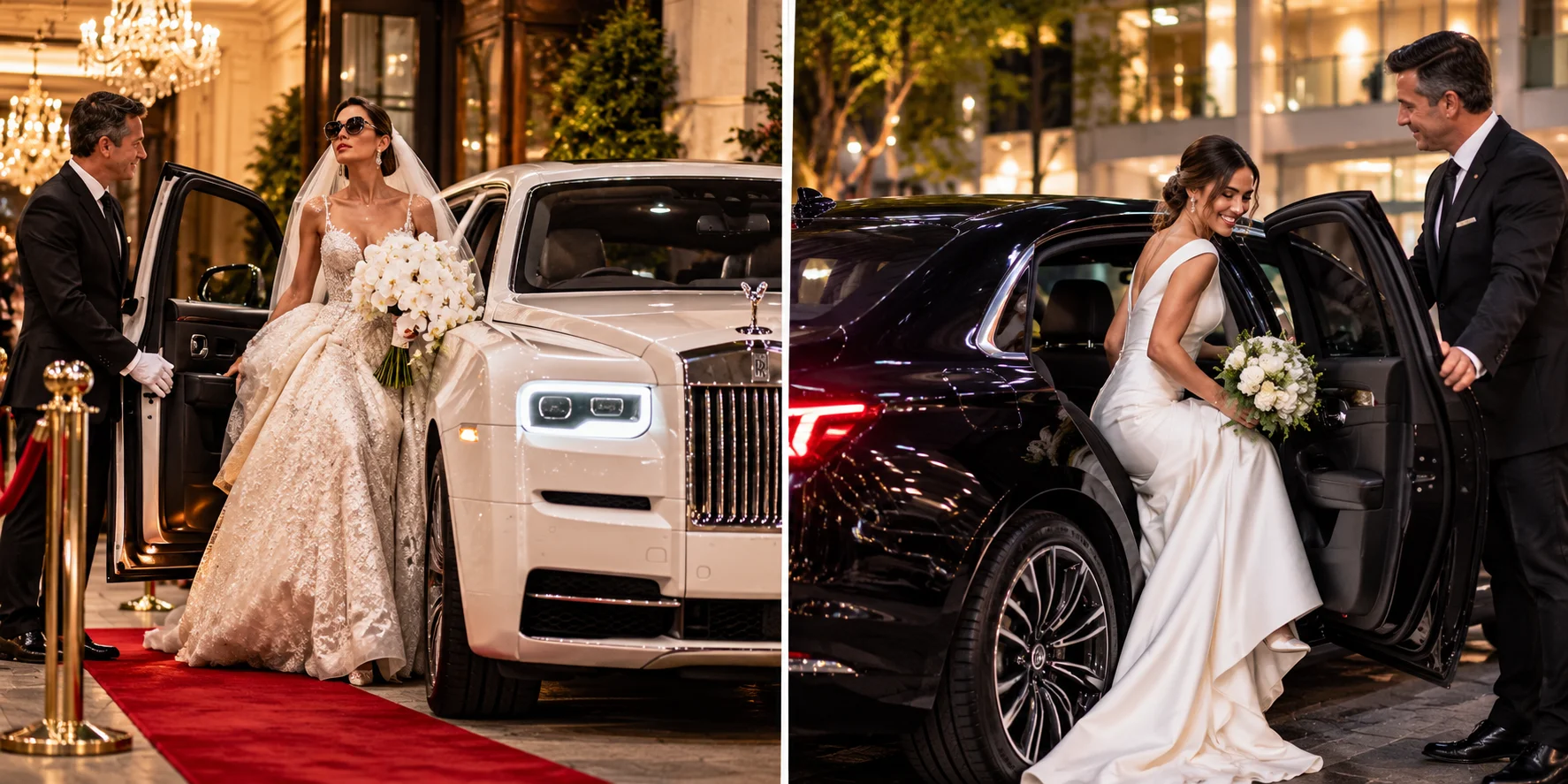 Side-by-side comparison of a bride arriving in a white Rolls-Royce on a red carpet and a bride stepping out of a black chauffeured sedan