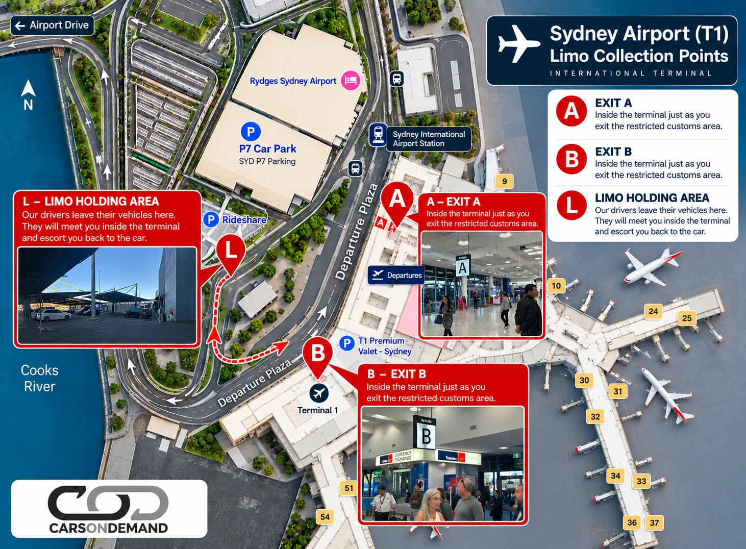Map of Sydney Airport T1 International showing Exit A and Exit B inside the arrivals hall, the limousine holding area near the P7 car park, rideshare pick-up and the train station
