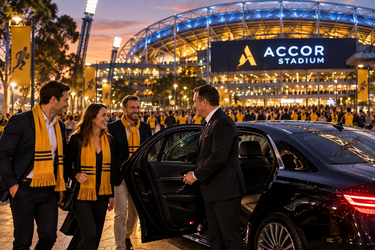 Chauffeur holding open the rear door of a black luxury sedan for three rugby fans in gold scarves outside Accor Stadium at dusk before the Bledisloe Cup