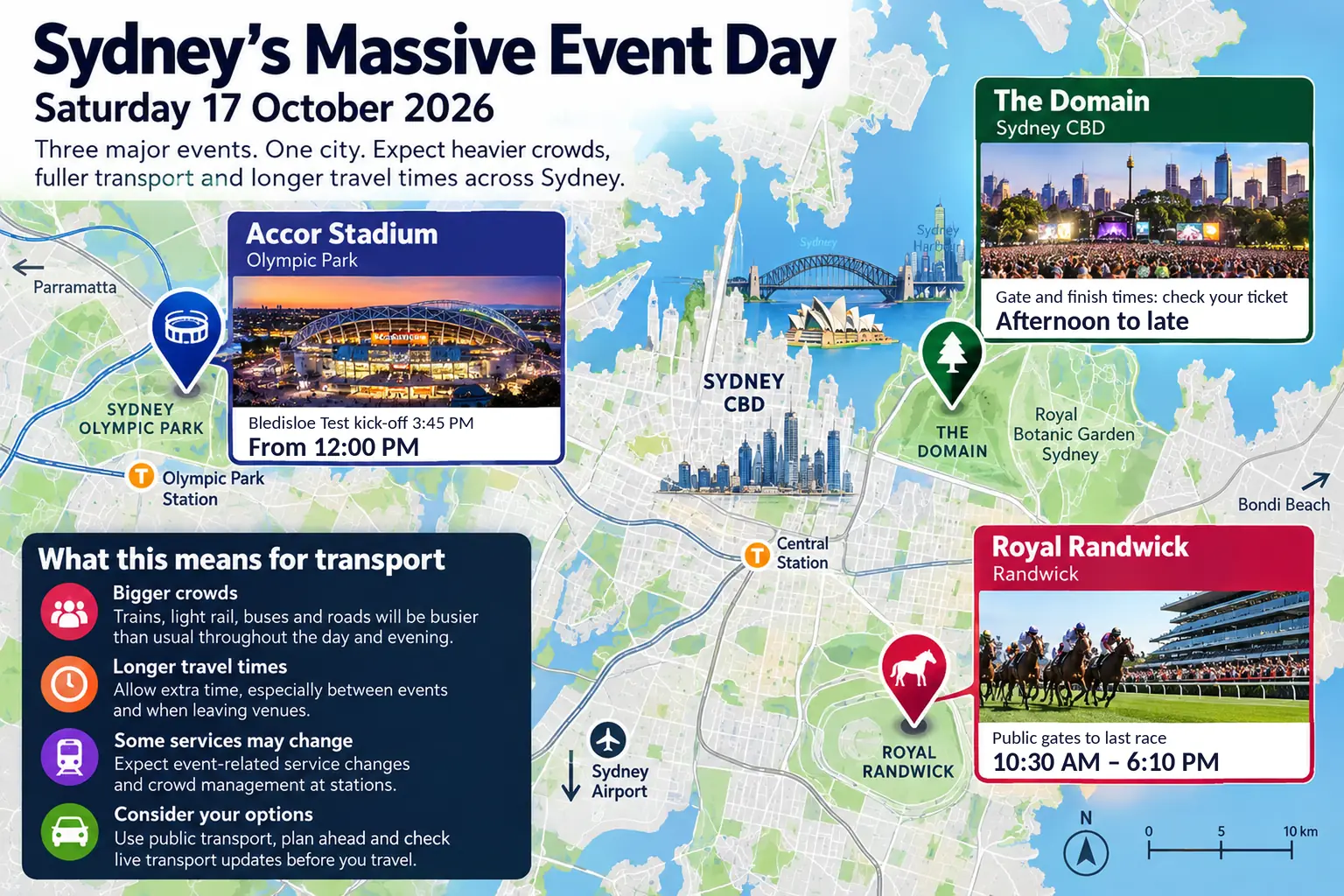 Map of Sydney showing Accor Stadium at Sydney Olympic Park, Royal Randwick and The Domain with event times for Saturday 17 October 2026, plus transport advice