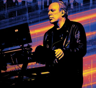 Hans Zimmer in a black leather jacket performing at a keyboard rig, from the artwork for Hans Zimmer Live: The Next Level