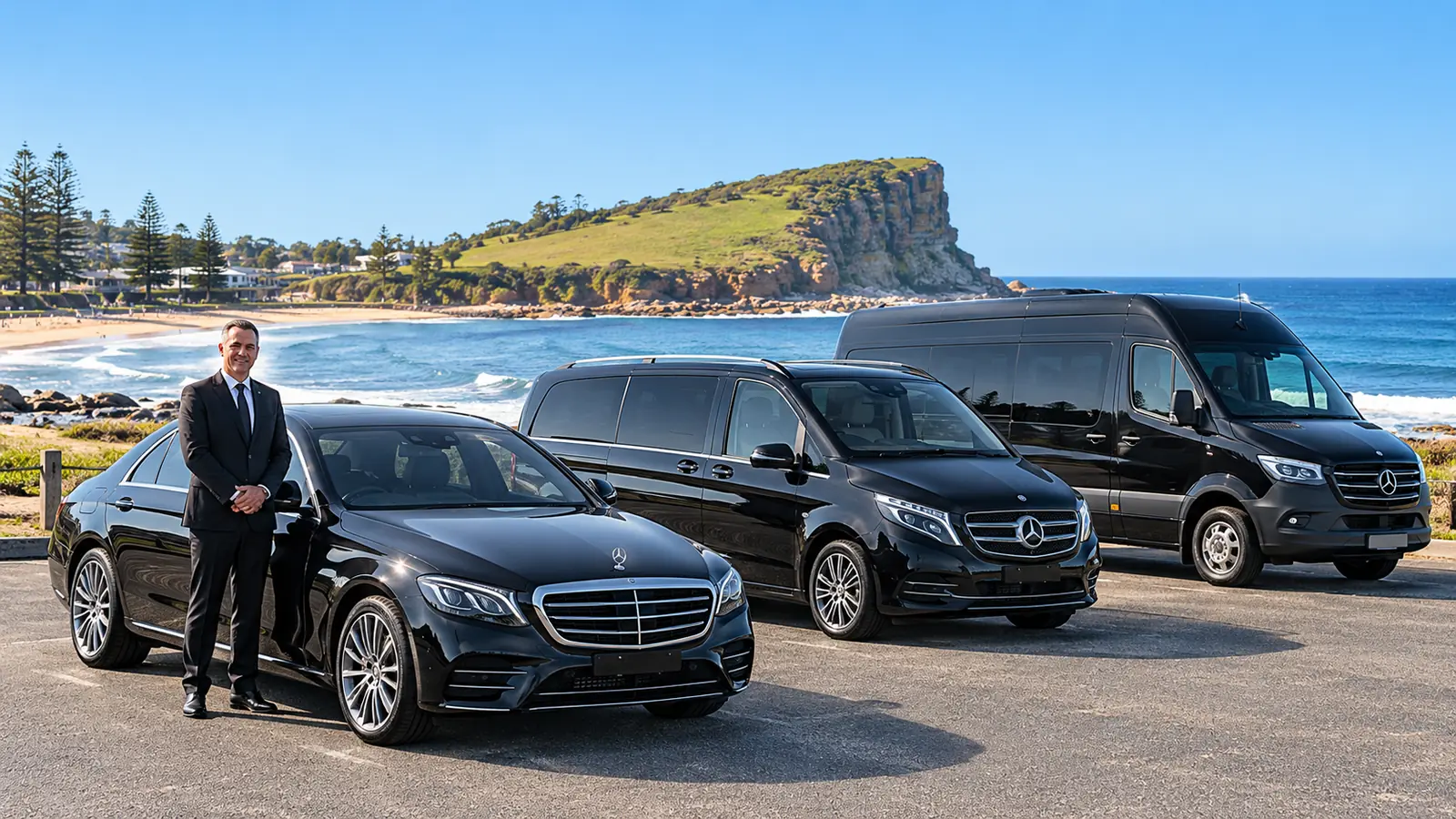 Cars on Demand chauffeur in a dark suit beside a black Mercedes-Benz S-Class sedan, V-Class people mover and Sprinter minibus in a beachside car park below The Skillion at Terrigal on the Central Coast