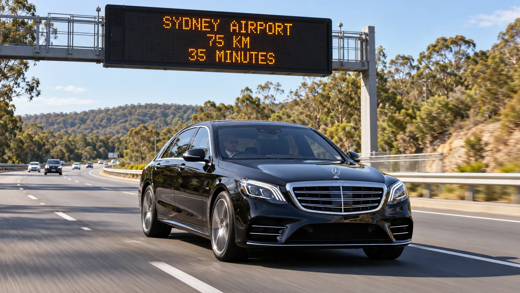 Chauffeur driving a black Mercedes-Benz sedan on a motorway lined with gum trees, heading to Sydney Airport from the Blue Mountains