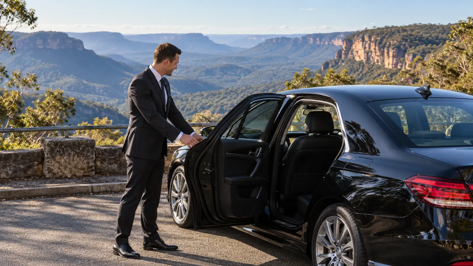 Chauffeur in a dark suit opening the rear door of a black sedan at a Blue Mountains lookout above the Jamison Valley
