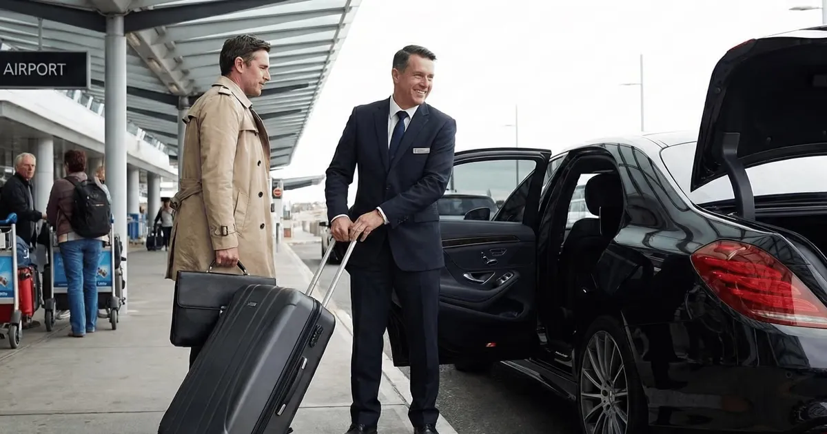 Chauffeur in a suit greeting a business traveller with luggage outside an airport terminal beside a black sedan with the doors and boot open