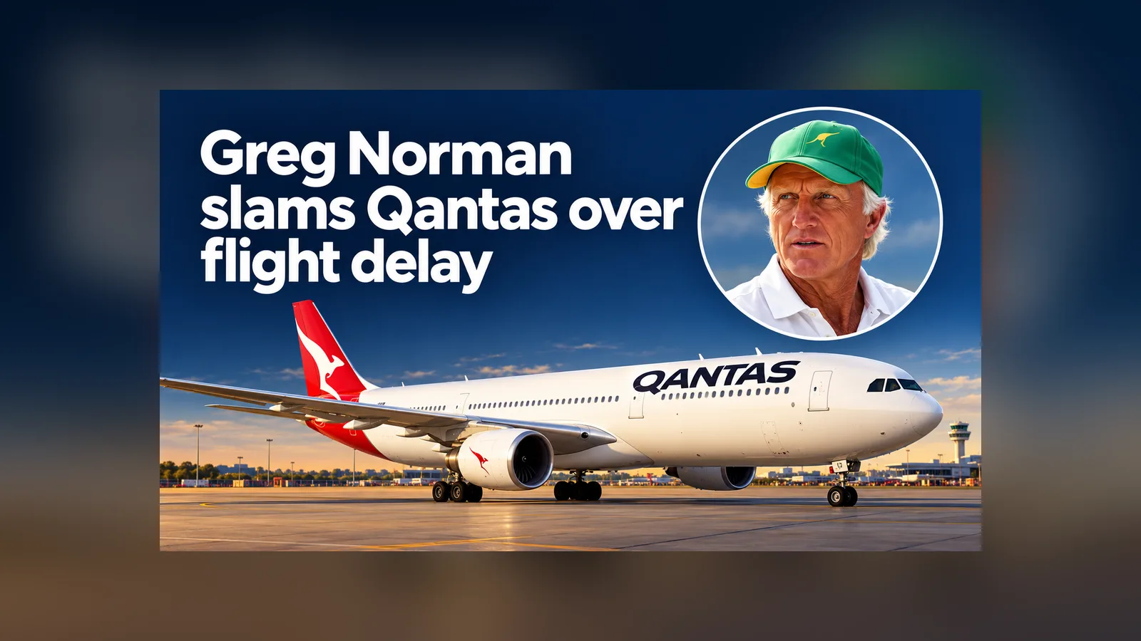 Illustration headlined Greg Norman slams Qantas over flight delay, with an illustrated portrait of Greg Norman above a Qantas jet on the tarmac