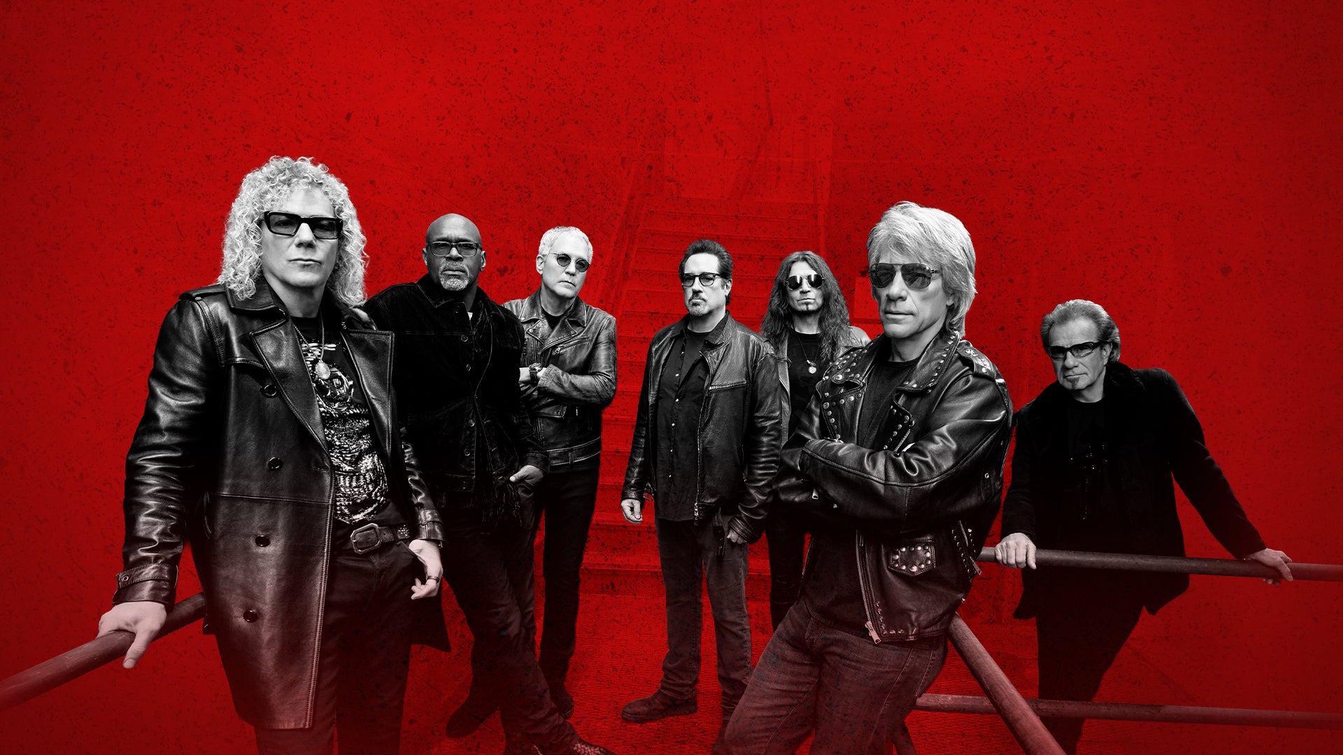 Official Bon Jovi Forever Tour artwork showing the band in black leather jackets on a red background, announcing the Sydney show at Accor Stadium on 11 March 2027