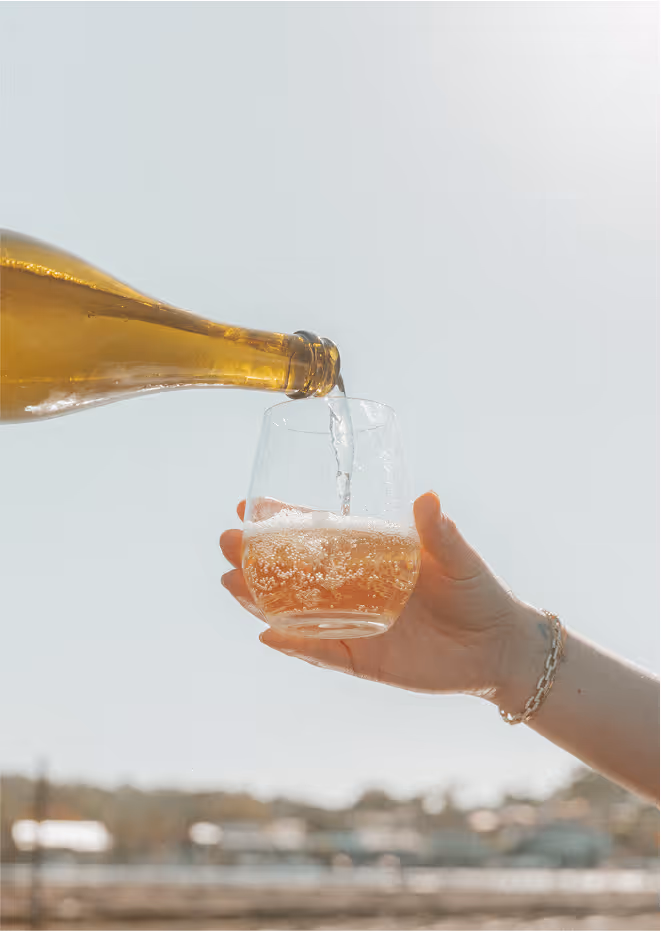 A bottle of champagne being poured into a circular glass
