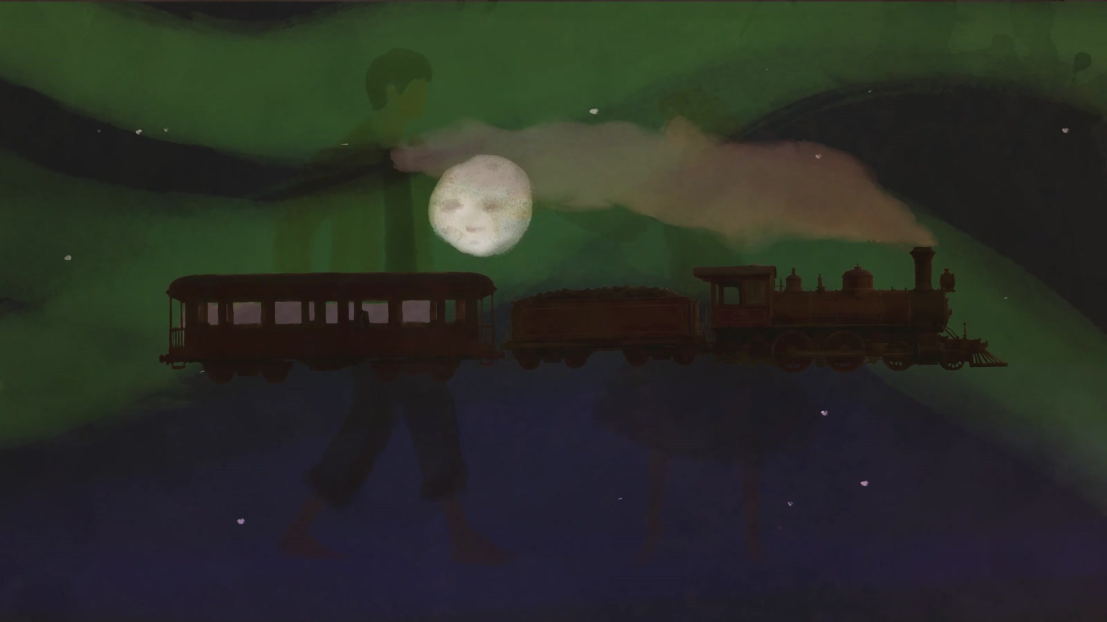 A train travelling through a green night sky beneath the moon