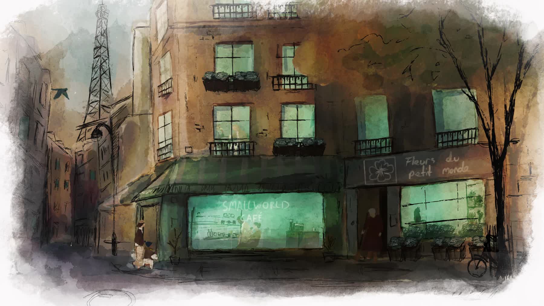 A Paris storefront from a painted animation loop