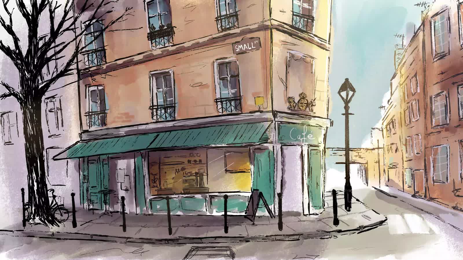 A painted café scene from Liam Perkins’ animation loop series