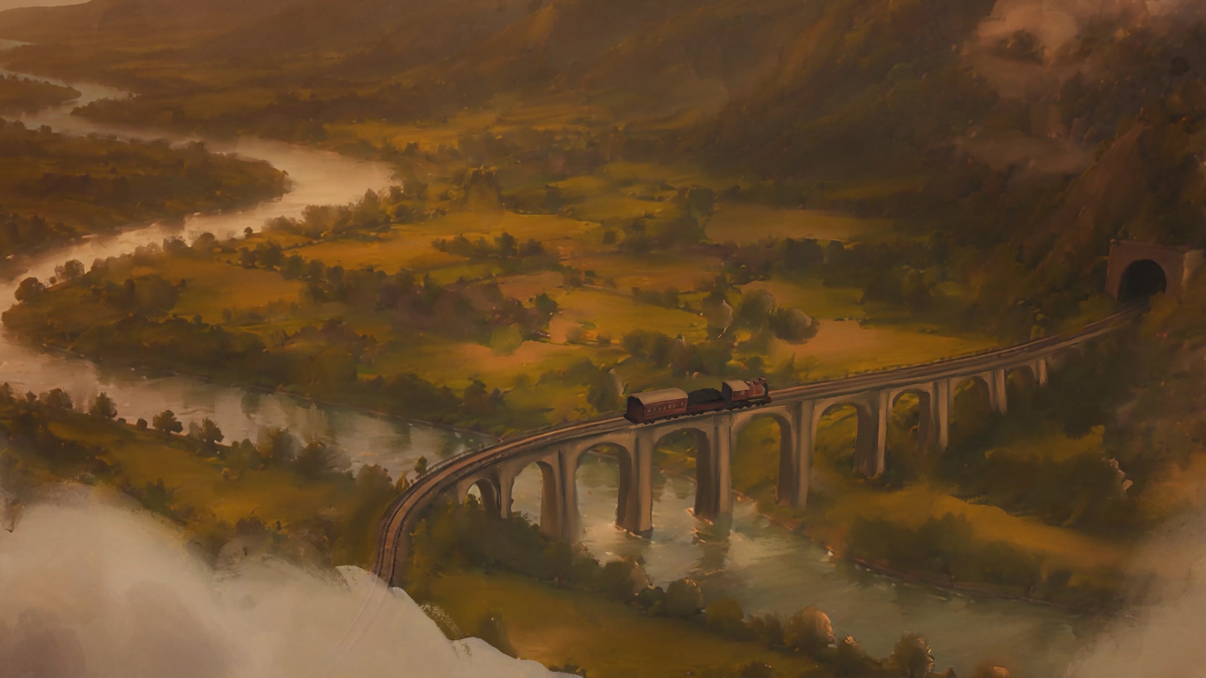 A painted train crossing an elevated bridge through a golden landscape