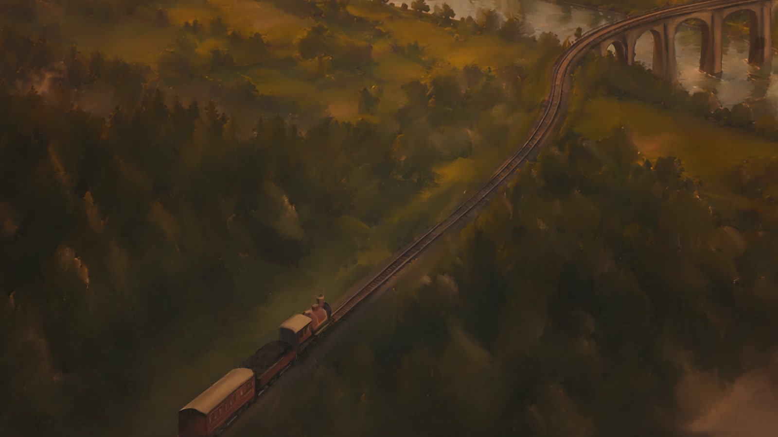 A train winding through a forested landscape