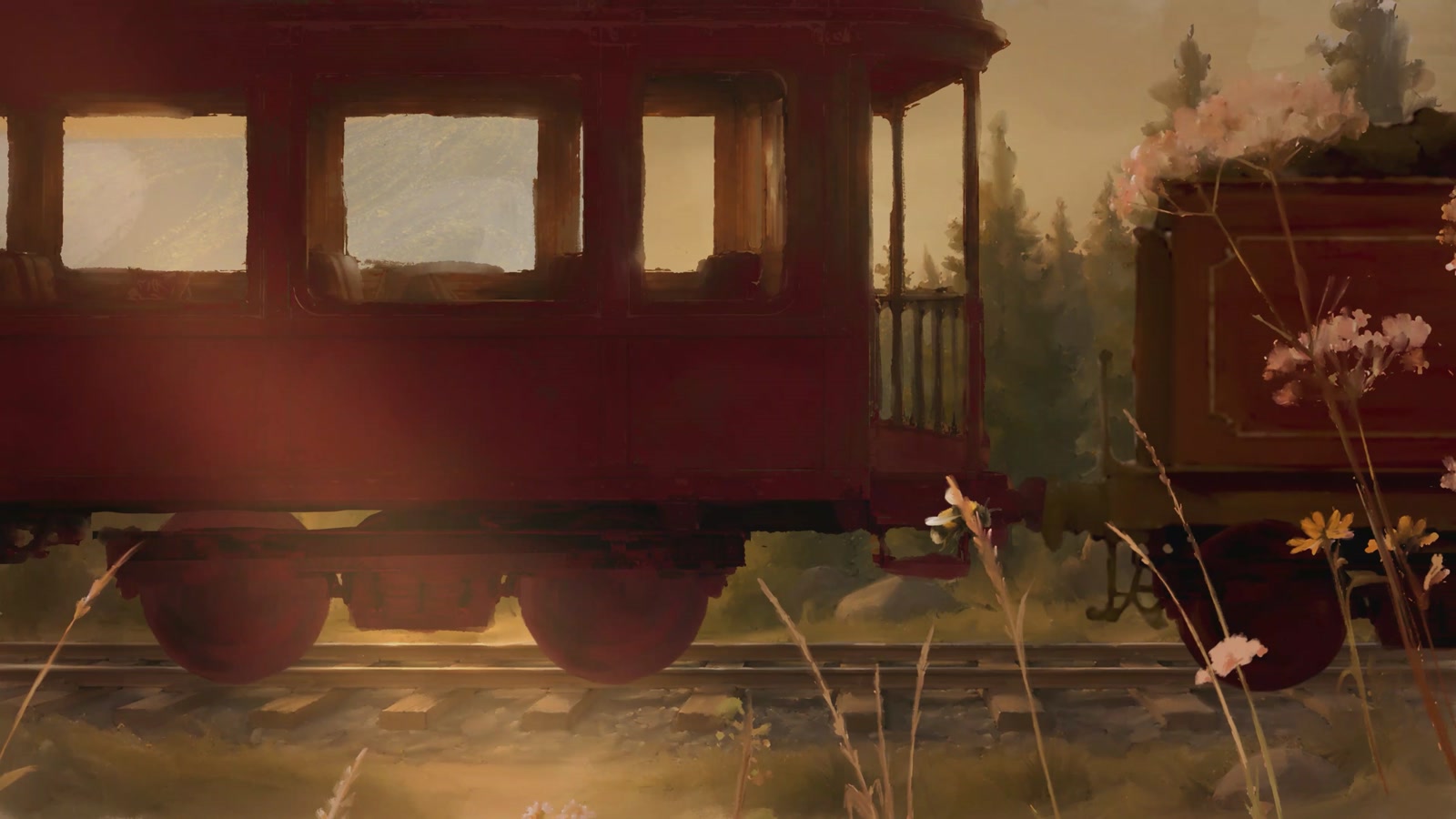 A close painted view of a train moving through summer grass